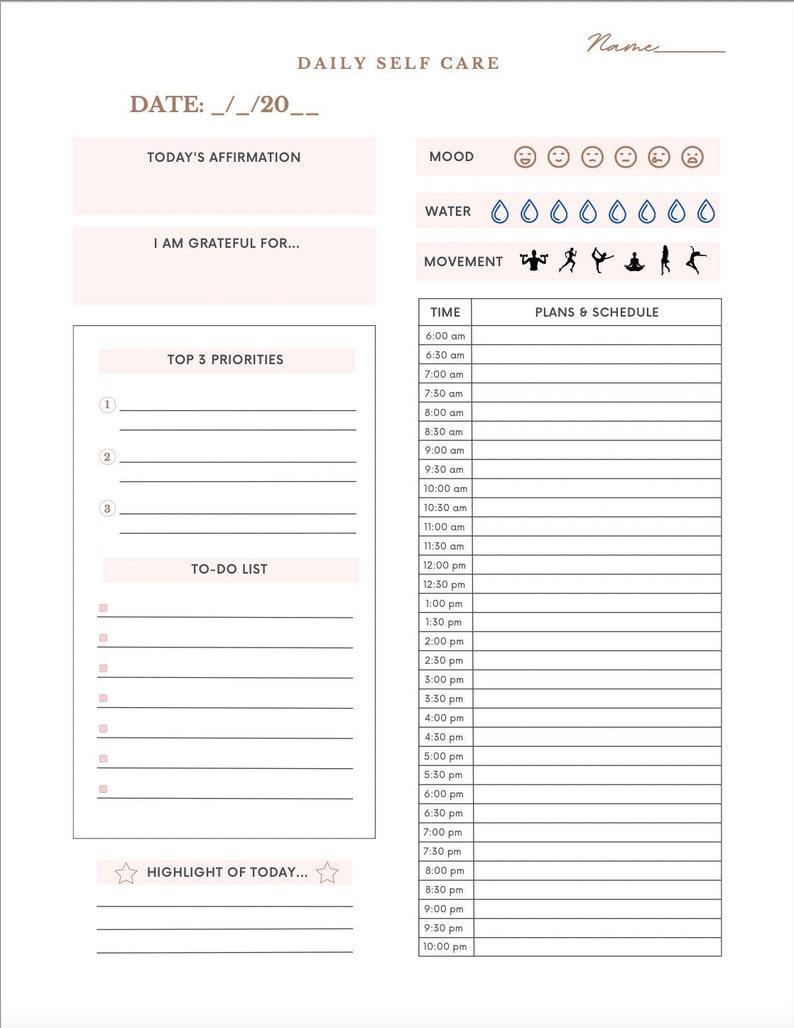 Self Care it Girl Checklist, Printable Digital PDF Wellness Planner