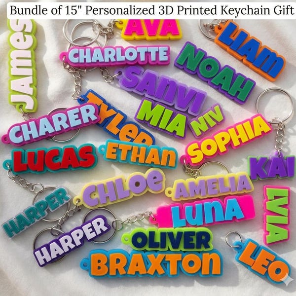 Bundle of 15 Personalized 3D Printed Keychain Gift, Custom Name Keychain Bag Fillers - Name Tags - Students, Teachers, School Bags Gift