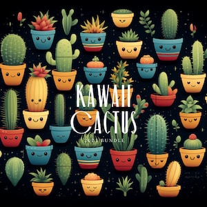 Cute Kawaii Cactus Pattern Bundle - 6 PNG de haute qualité - Desert Summer, Clipart, Cactus, Idéal pour un usage commercial ou personnel, Fichiers numériques