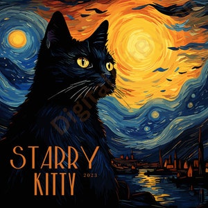 Beroemd schilderij Sterrennacht met schattige zwarte kat, hoge kwaliteit PNG, perfect cadeau, kattenmoeders, kattenvaders, grappige kunst, artistiek, digitaal, schattig