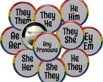 Pronoun pins (rainbow border) 2.25 inch mix and match
