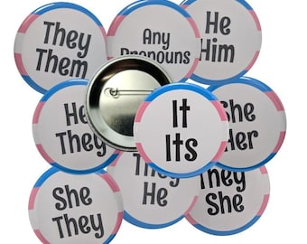 Pronoun Pins – Transgender Flag Border – Mix & Match Buttons (2.25")
