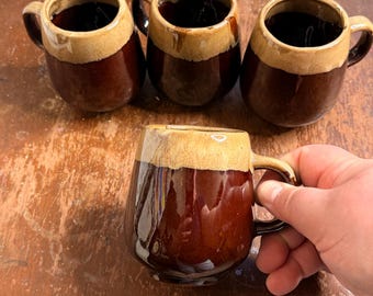 Vintage Hall Inspired Brown Drip Stoneware Mugs Set Of 4 Glaze cup