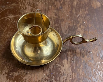 Vintage Solid Brass Chamber Stick Candle Holder Finger Ring & Thumb Loop  Drip Tray