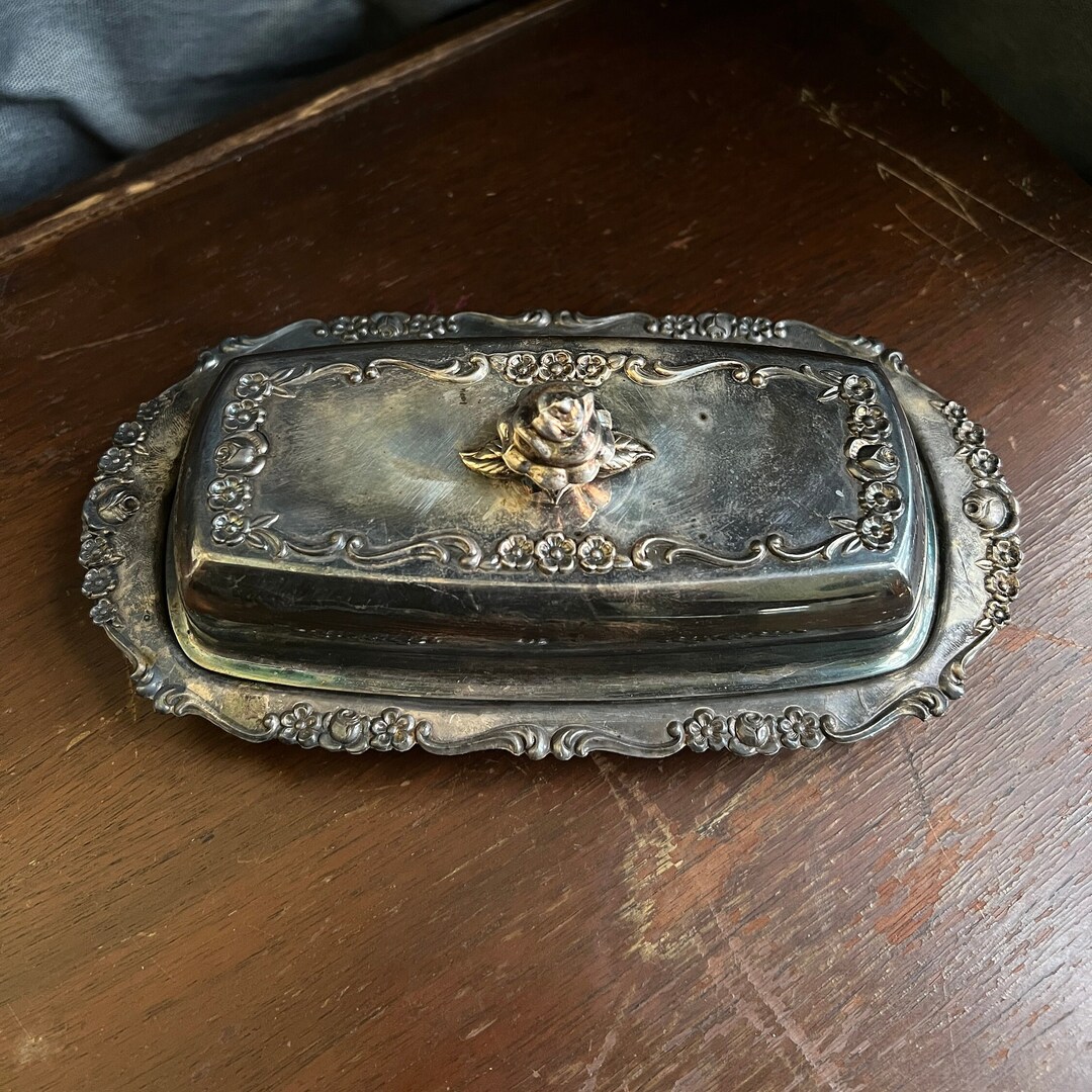Vintage Silver Plated Covered Butter Dish, Glass Insert, Ornate Metal Plate With Patina Etsy
