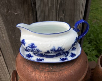 Vintage Flow Blue Style Chrysanthemum Gravy Boat with Underplate, vintage retro home decor