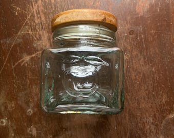 Vintage Clear Glass Canister Jar w/ Wood Lid Embossed 3D Apple Design Farmhouse