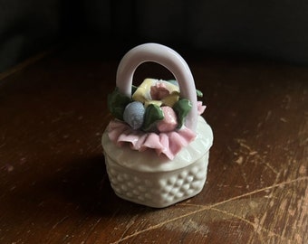Vintage Tiny Porcelain Flowers Basket Ring holder box, Ceramic Trinket Box