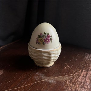 Vintage Egg Trinket Box Basket Lefton Japan Hand Painted Yellow Egg