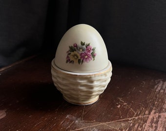 Vintage Egg Trinket Box Basket Lefton Japan Hand Painted Yellow Egg