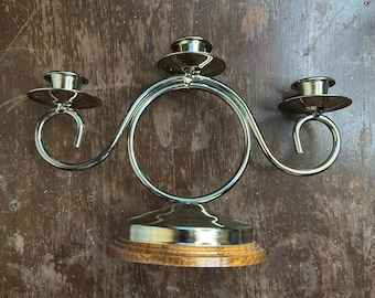 Brass Candle Holder with Wooden Base 3 Stick Candles, mid century home decor