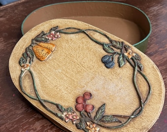 Vintage Plant  Flowers Lidded Cardboard Oval  Box Green/Okhra Hand Painted