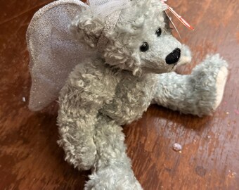 Petite peluche TY gris avec ailes scintillantes en argent sterling aux cheveux bouclés