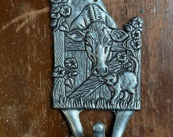 Vintage Cast Aluminum Cow Wall Hook, Rustic Country Scene, 3 x 5