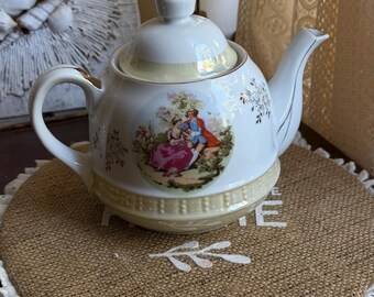 Vintage Porcelain Teapot Victorian Courting Couple Gold Trim Cream Embossed