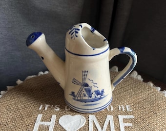Vintage Delft Windmill Pitcher: Hand-Painted Blue Ceramic, Holland Decor