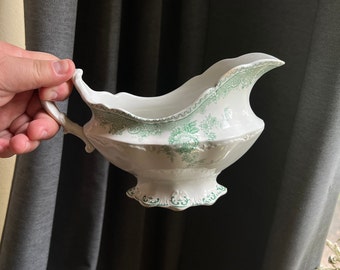 Vintage Royal Semi Porcelain Gravy Boat green transferware, Alfred Meakin LTD, Roselle made in England