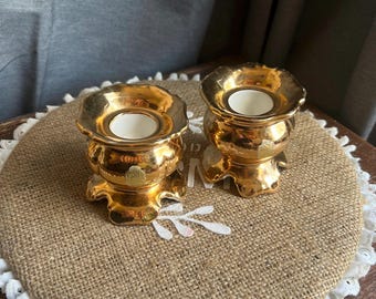 Vintage Porcelain Bavaria Candle Holders Set Of 2 Germany Gold, 2.5” H