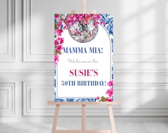 Bewerkbaar Mamma Mia-verjaardagsbord – digitale download
