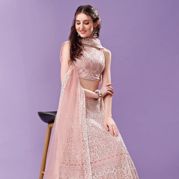 Modestouze Attires Women's Flared Geometric Design Lehenga Choli With Net Dupatta (Peach) (MAL1)