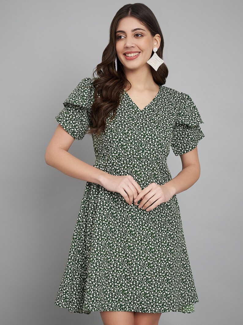 Modestouze Attires Women's Flared Crepe Fabric Floral Design Flared Dress Green MAT24 image 1