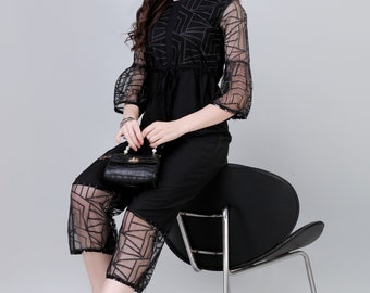 Modestouze Attires Women’s Ankle Length Zari Printed Geometric Design Net Fabric Jumpsuit (Black) (MAT15)