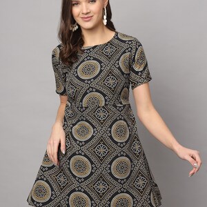 Modestouze Attires Women's Knee Length Geometric Printed Flared Western Dress Black MAT34 image 4