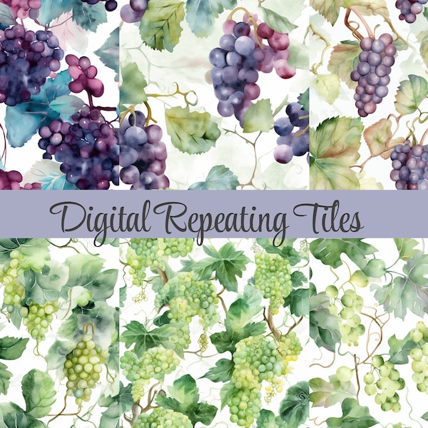 Grape Vines watercolor tile patterns, Digital art (x6), Repeating stencils,  Instant Download, Illustration for Print, Wedding, decorations