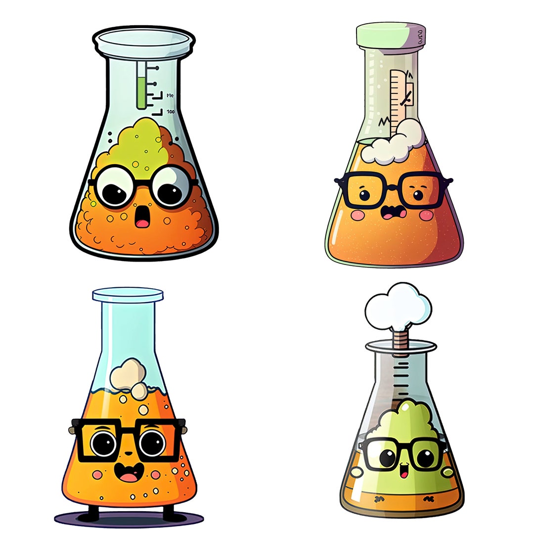Funny Cute Science Beakers Clipart With Clear Background PNG Used for