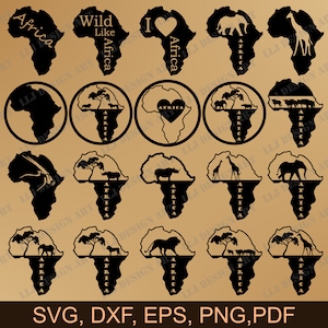 Afrika Karte und Tiere Wildtiere Thema Kunst, 20 Artikel Bundle, sofortiger digitaler Download SVG, PNG, Pdf und DXF für den privaten und kommerziellen Gebrauch.