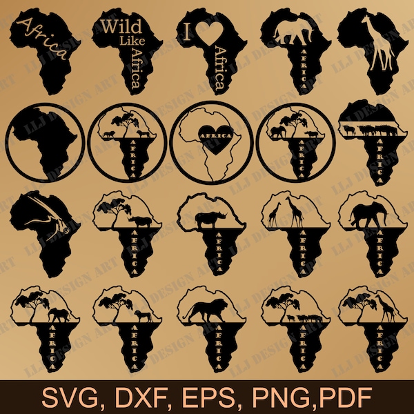 Africa Map and Animal wildlife theme art, 20 Item bundle, Instant Digital Download SVG, PNG, Pdf and DXF for private and commercial use.