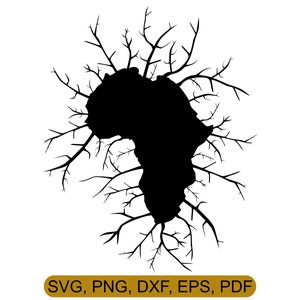 African Roots digital downloadable art. SVG Png, EPS, DXF and Pdf formats. Minimalist black art. Africa continent with roots.