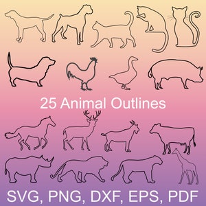 May include: A set of 25 black and white animal outlines, including a dog, cat, rooster, goose, pig, horse, deer, goat, cow, rhinoceros, lion, giraffe, and more. The outlines are on a gradient background of pink and yellow. The text "25 Animal Outlines" is in the centre of the image. The text "SVG, PNG, DXF, EPS, PDF" is at the bottom of the image.