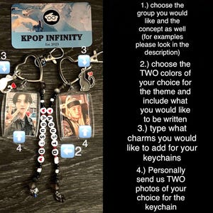 May include: A close-up of two keychains with charms. The charms include a black and white photo of a person, a black and white beaded charm with the word "AUGUST" on it, and a black and white cat charm. The keychains are hanging from a silver chain. The image also includes text that says "KPOP INFINITY" and instructions for customizing a keychain.