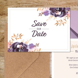 HOCHZEIT SERIE "FLOWER" – Save the date – Boho chic blumig violett purple aquarell Kraftpapier A6 Postkarte personalisierbar