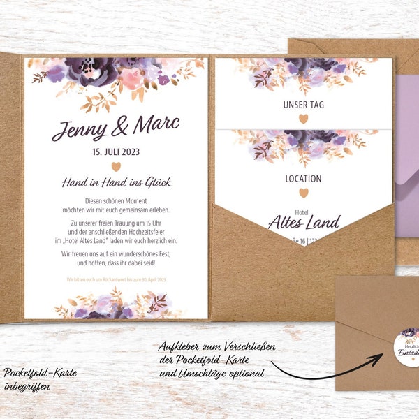 HOCHZEIT SERIE "FLOWER" – Einladung Pocketfold – Boho chic blumig violett purple aquarell Kraftpapier 12 x 17 cm personalisierbar