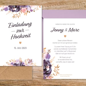 HOCHZEIT Serie "FLOWER" – Einladung DIN A6 Postkarte – Boho chic blumig violett purple aquarell Kraftpapier 10,5 x 14,8 cm personalisierbar
