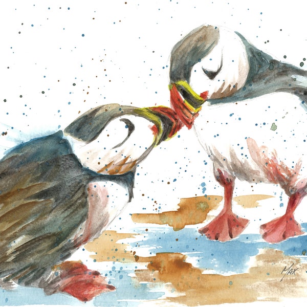 Puffin 'Tender Love' Watercolour with Framed options. Printed from original signed painting by Maxine Ballard. Fine Art Gift for your home.