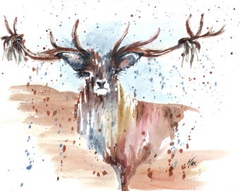 Impresión artística de ciervo. 'Ciervo vigilante'. - Arte enmarcado, regalo de Navidad, arte animal, impresión de ciervo, arte de pared, impresión de acuarela, arte de ciervo.