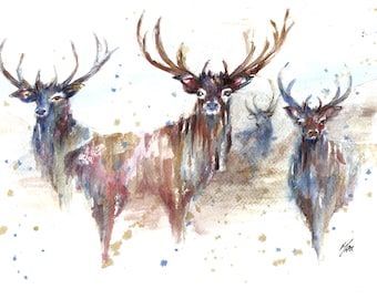 Impresión artística de ciervo. 'Ciervos en la niebla'. - Arte enmarcado, regalo de Navidad, arte animal, impresión de ciervo, arte de pared, impresión de acuarela, arte de ciervo.