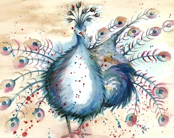 Watercolour Peacock Print.  'Goofy Peacock' - Framed Art , Christmas gift, Animal Art, Peacock Print, Wall Art, Watercolour print, Painting.