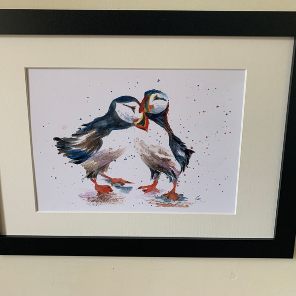 Puffin Love Watercolour with Frame options. Original signed painting by Maxine Ballard. Fine Art Gift for home. Framed or Unframed