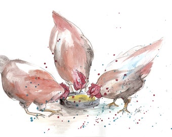 Kippen voeden aquarel met ingelijste opties. Afdrukken van origineel ondertekend schilderij van Maxine Ballard. Kunstcadeau voor thuis.