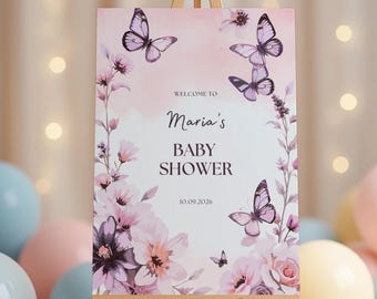 Rose Pink Baby Shower Welcome Poster, Floral Butterfly Party Decor