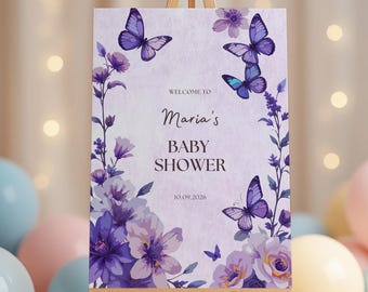 Purple Butterfly Baby Shower Welcome Board, Floral Garden Digital Poster