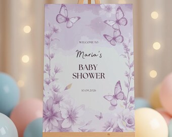 Letrero de bienvenida para baby shower con diseño de jardín en tonos pastel, tablero imprimible con diseño floral de mariposas.