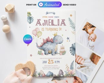 Invito di compleanno a tema Stegosauro, invito per festa a tema Dinosauri, modello Canva stampabile 5x7 e animato