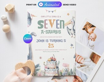 Invito di compleanno con dinosauri e torta, invito per festa a tema dinosauri, modello Canva stampabile 5x7 e animato