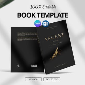 以下が含まれることがあります： 黒い表紙と「ASCENT」と書かれた金色の文字が入った本のテンプレート。裏表紙も黒でテキストが入っています。テンプレートは15.24 x 22.86 cmで、編集が簡単です。「100% Editable」と「BOOK TEMPLATE」という言葉が一番上にあります。