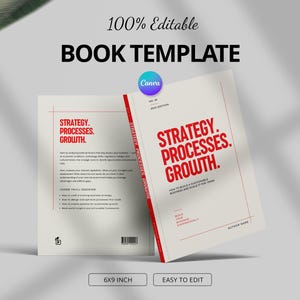 Puede incluir: Una plantilla de libro editable de 6x9 pulgadas con una cubierta blanca y texto rojo que dice Strategy, Processes, Growth. El diseño incluye un lomo, detalles en la contraportada y un pequeño logotipo de Canva. Diseño con líneas rojas.